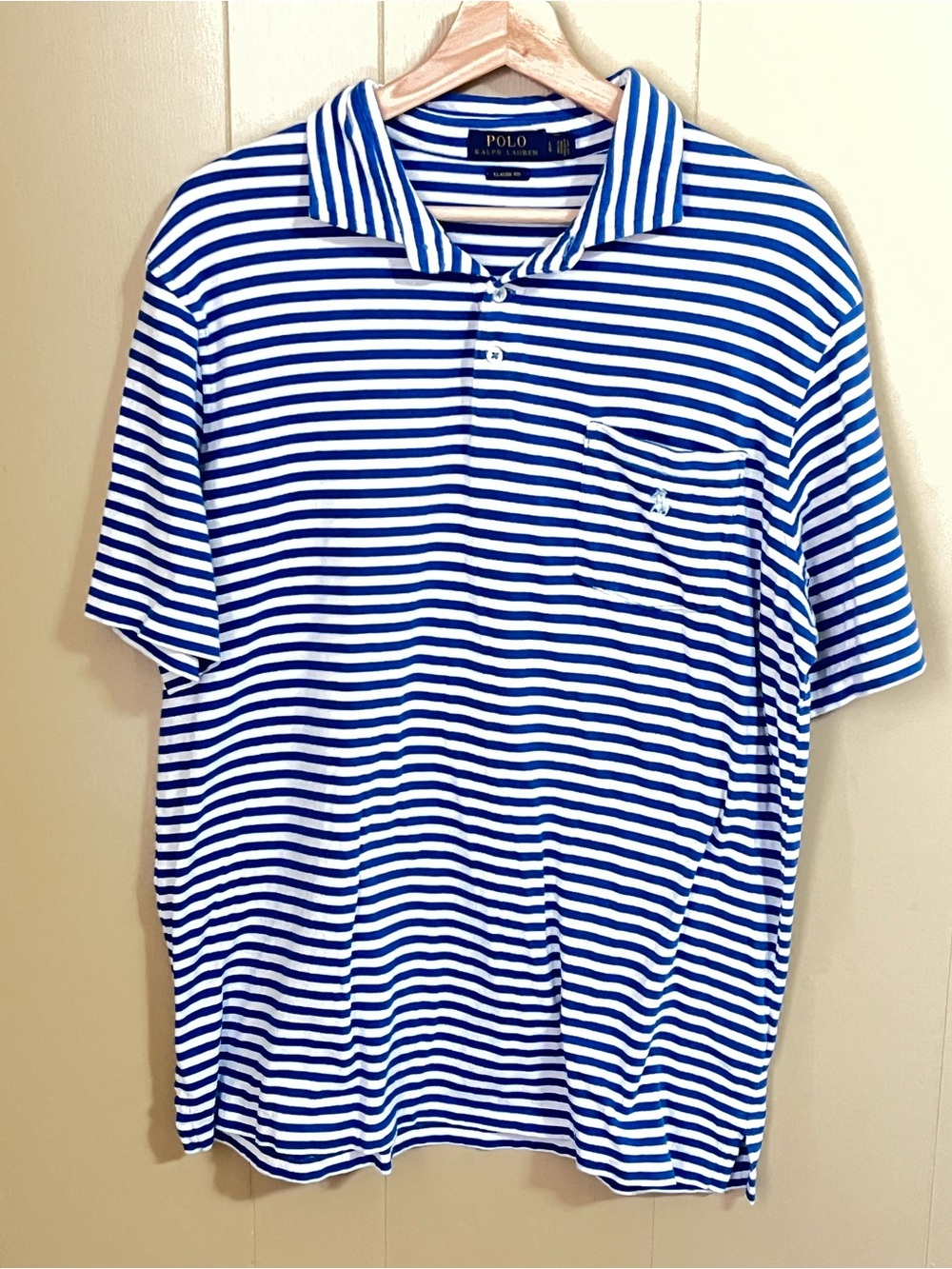 Polo by Ralph Lauren Large Men's Blue and White Stripe Polo Shirt